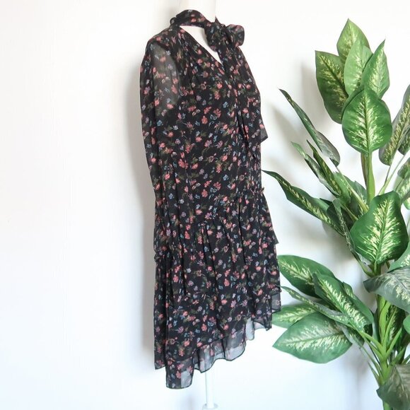 Joie Jamira Black 100% Silk Floral Tie Neck Lined Tiered Ruffle Mini Swing Dress - Picture 7 of 15